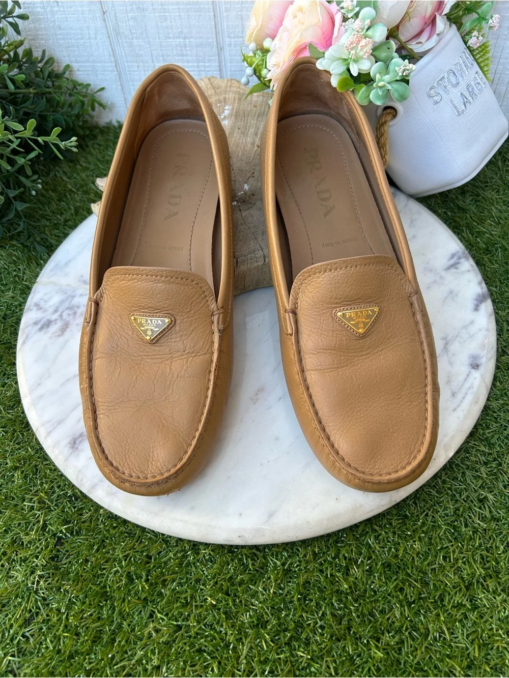 Prada Triangle Logo Driving Loafer Women 41 US 11 gently used  camel brown